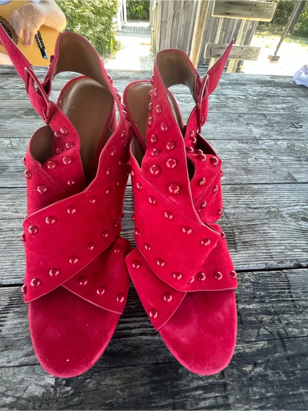 HALSTON Red Studded Women’s Suede Heeled Sandals PLATFORMS SZ  8.5